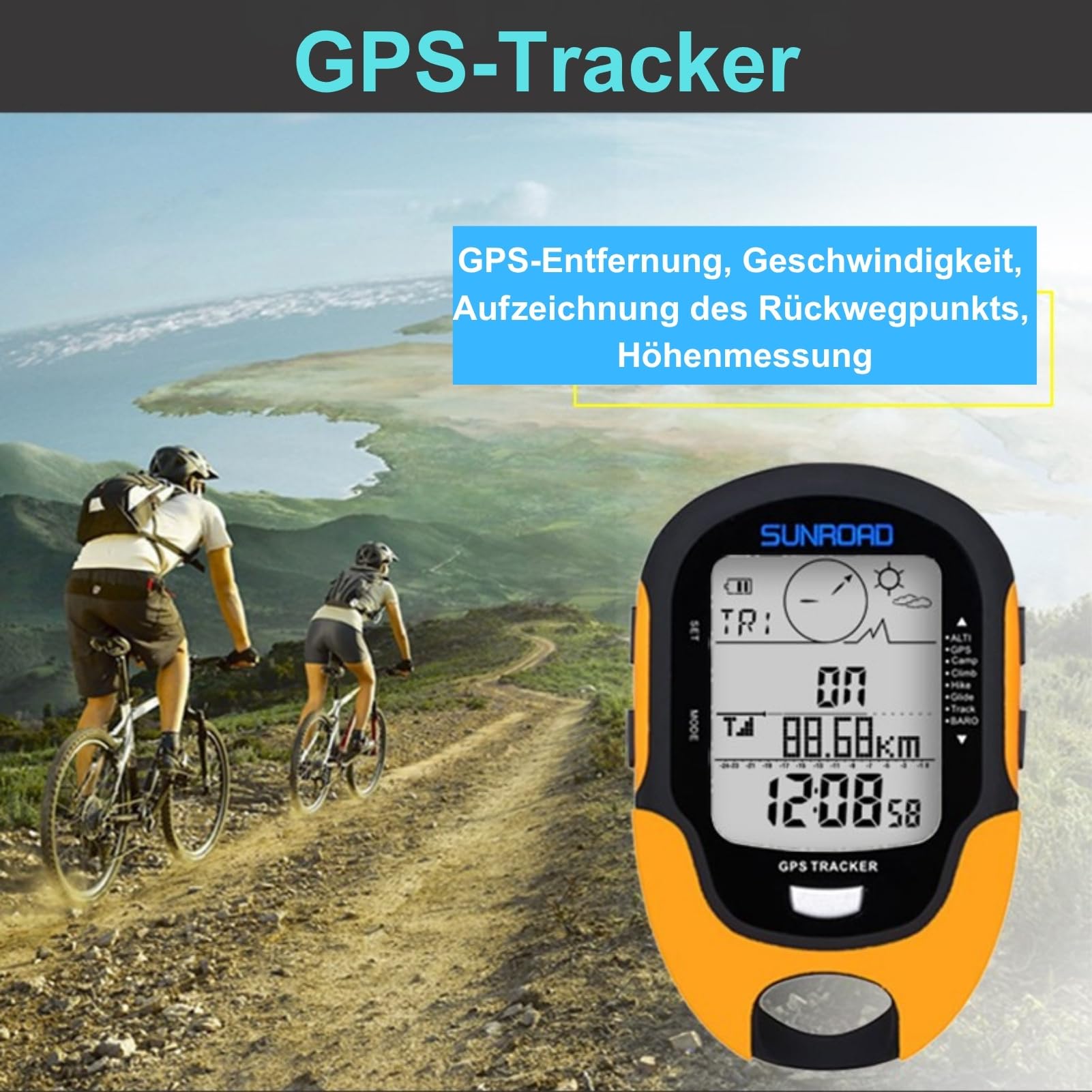 GPS Höhenmesser Barometer, Multifunktionale GPS Messgerät mit Hochpräzise Sensor, Kompass, Thermometer, Hygrometer, Wettervorhersage, Uhr, Datum, LED Taschenlampe, Wecker, IPX4 wasserdichte