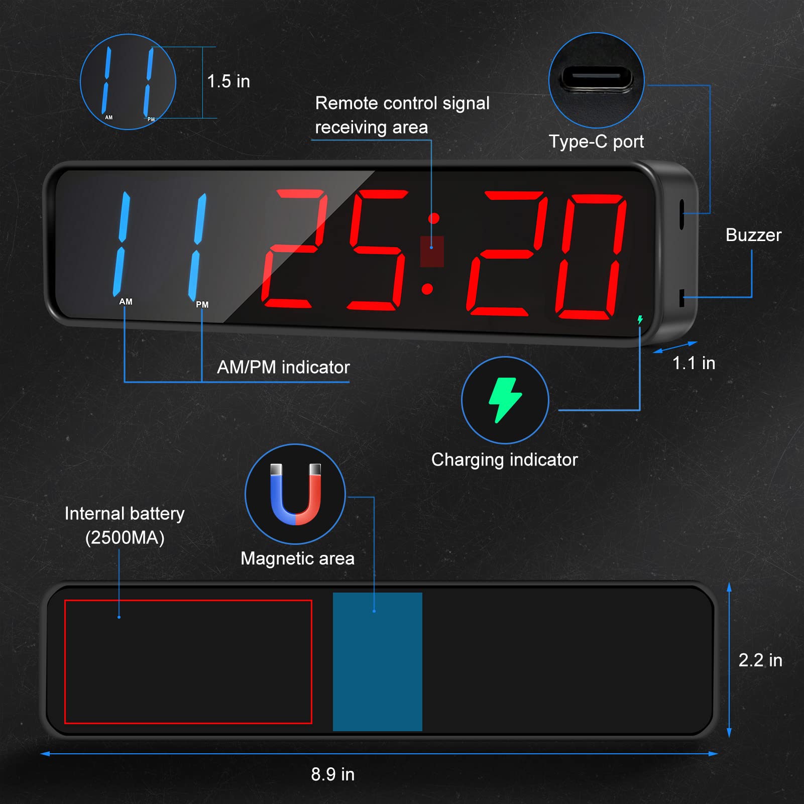 Minuteur de Gym, Portable, minuteur d'intervalle avec Batterie Rechargeable, Grand écran numérique Anti-Vertige, Horloge d'entraînement améliorée pour la Salle de Sport à Domicile