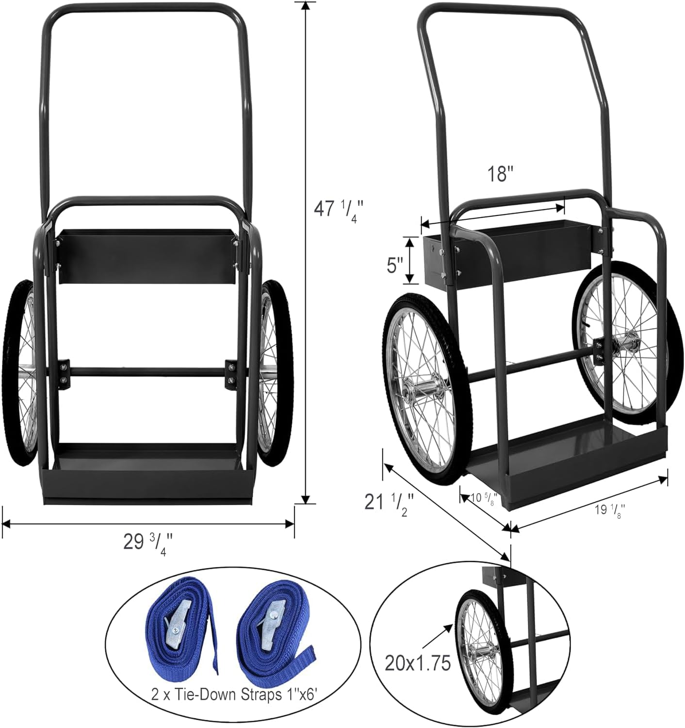 Dual Oxygen Tank Cart with 20" Pneumatic Wheels, Heavy-Duty Double Cylinder Dolly for Oxygen & Acetylene Tanks, Includes 2 Fastening Belts for Secure and Easy Transport (Black)