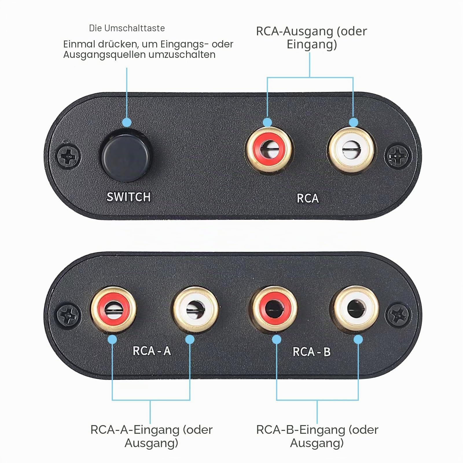 2 Ports 1 Eingang 2 Ausgang / 2 Eingang 1 Ausgang bidirektionaler Audio-Switch kompatibel für RCA 3,5 mm Anschlüsse, 2-Wege-Stereo-K L/R Lautsprecher Kopfhörer Audio-Selektor Splitter Box