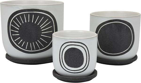 Benjara Meon 3pc Garden Planter Set- Textured White and Black Ceramic Design