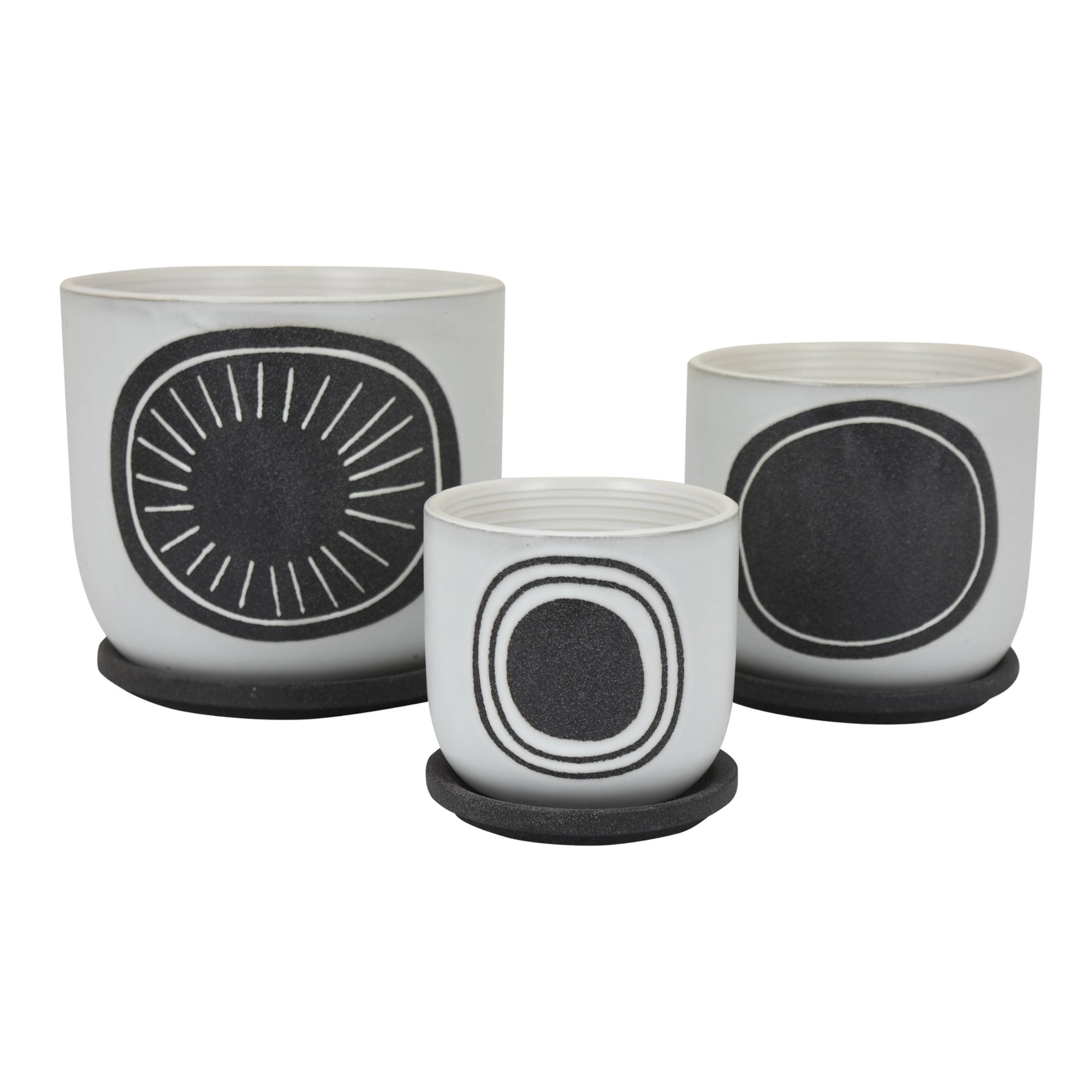Benjara Meon 3pc Garden Planter Set, Textured White and Black Ceramic Design
