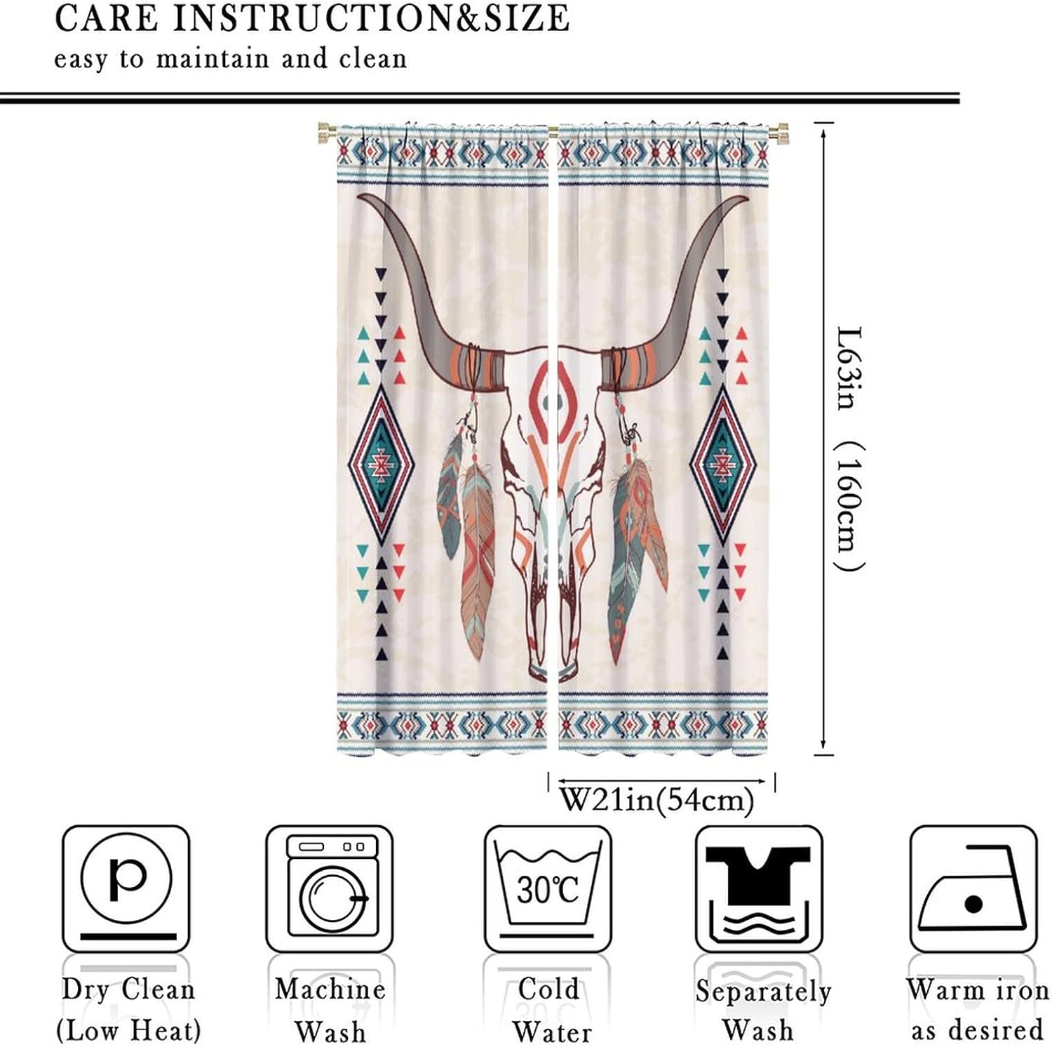 YCness Boho Skull Curtains for Bedroom, Southwestern Ethnic Aztec Window Treatments for Living Room,Tribal Bohemian Bull Skull Pattern Drapes 2 Panel Set,42x63 Inch, Style-2