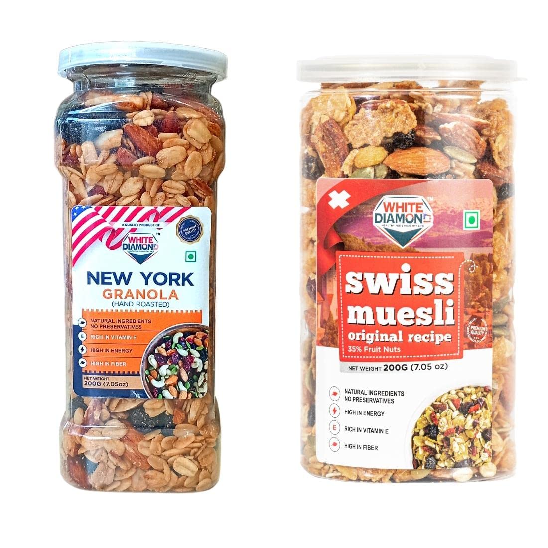 White Diamond Crunchy Granola & Muesli Combo Pack, 200gm Each,Breakfast