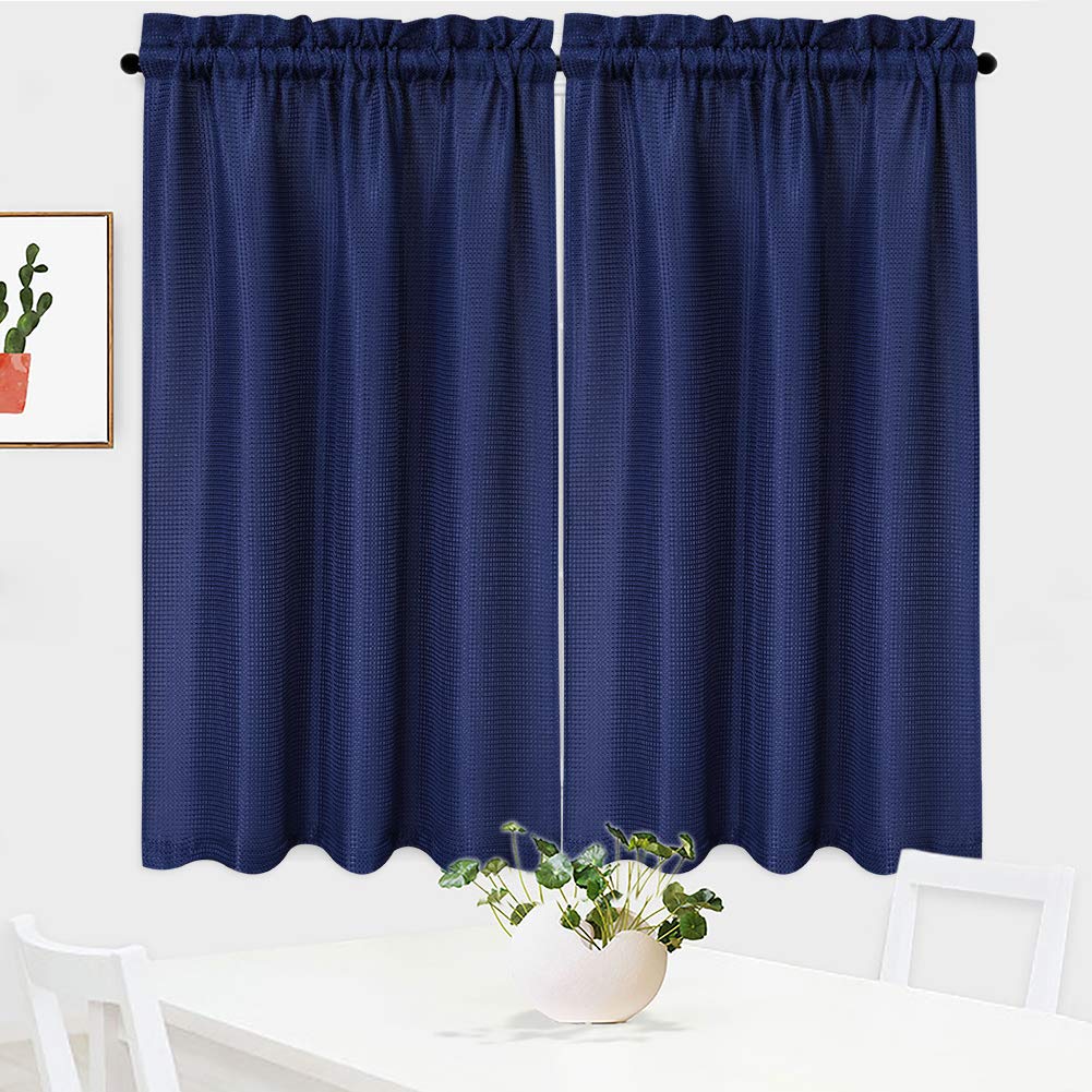 Rideaux courts bleu marine gaufrés 76x114 cm pour petite fenêtre cuisine