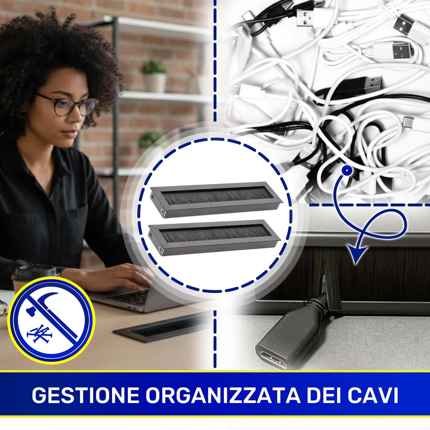 MONTERAL 2 Pezzi Passacavo per Scrivania 180 x 51 mm H19 mm Colore Nero - Tappi Passacavi Scrivania con Spazzola - Garanzia di 10 Anni