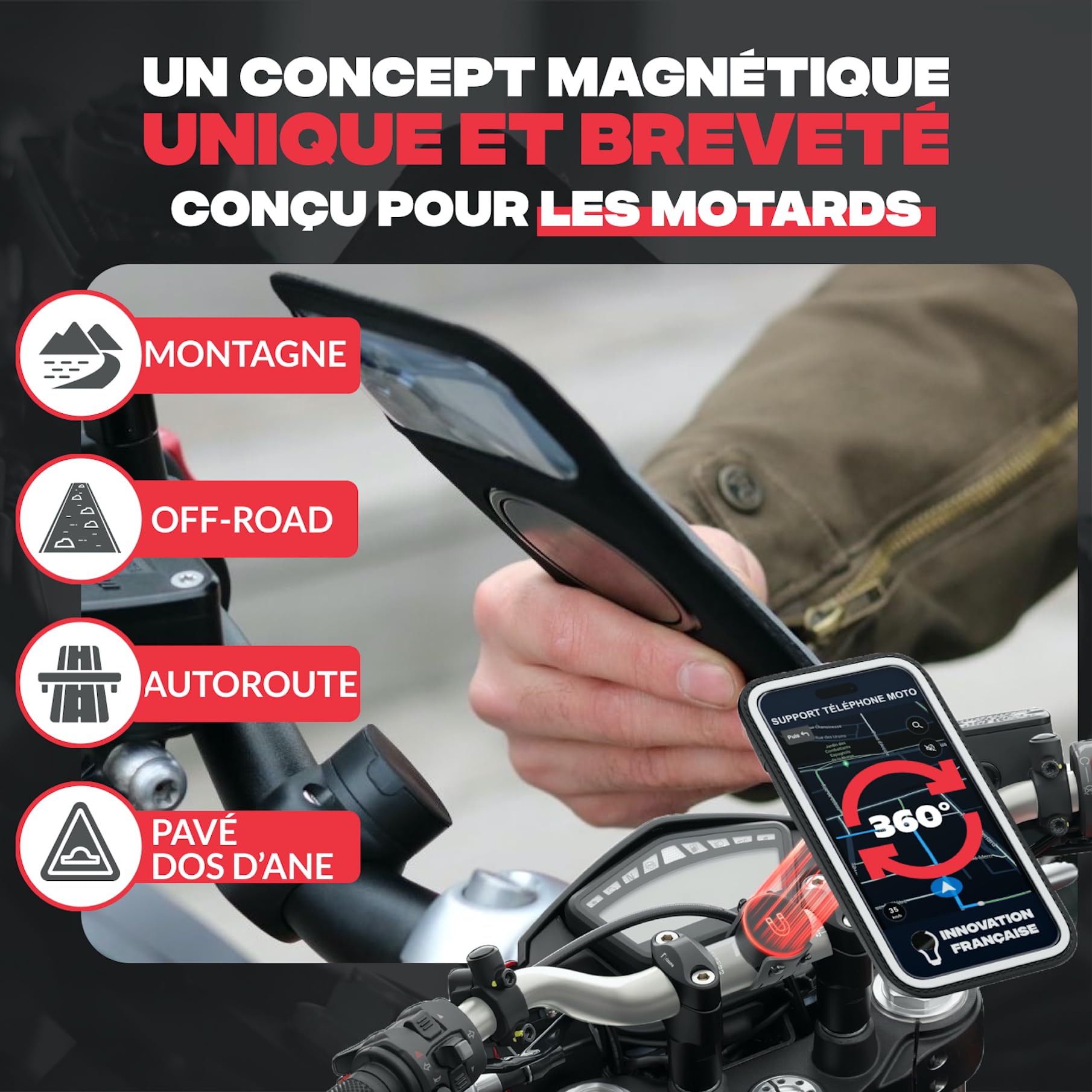 Shapeheart Support Téléphone Moto Pro Magnétique - Fixation Vissée Anti-Vibrations Guidon - Pochette Étanche XL Tactile - Housse Imperméable Moto, Scooter - Système Stable et Amovible