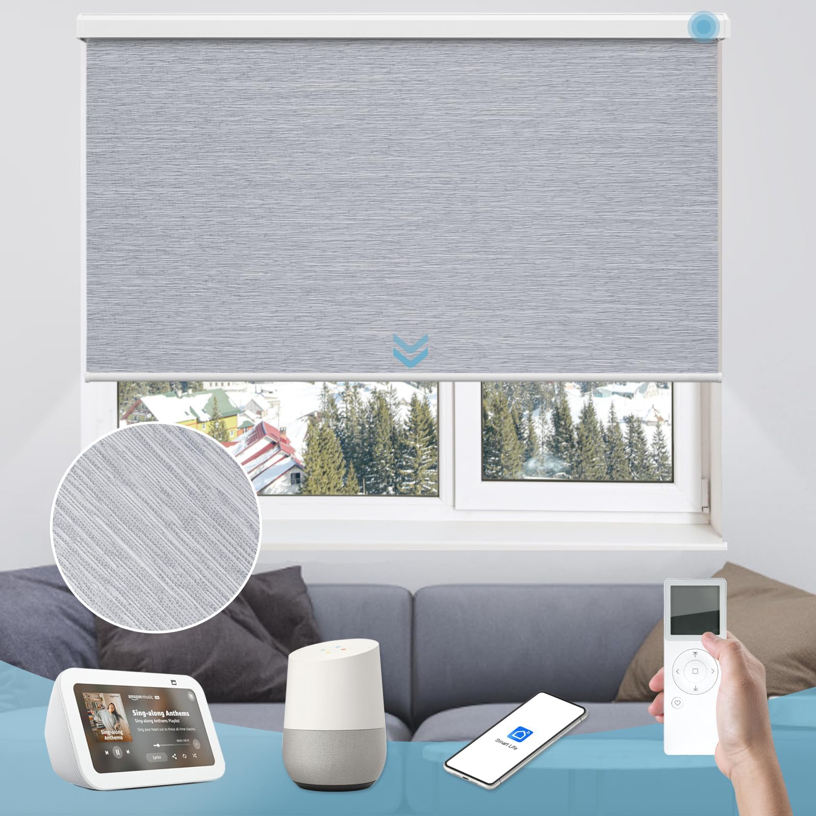 Motorized Roller Shade, Smart Blackout Shade for Window with Remote, Automatic Blind for Smart Home, Free Stop Cordless Shade Customized Size (Striped Grey)