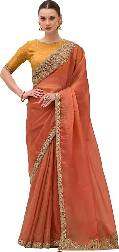 AKHILAM Women's Satin Heavy Embroidered Work Saree With Unstitched Blouse Piece