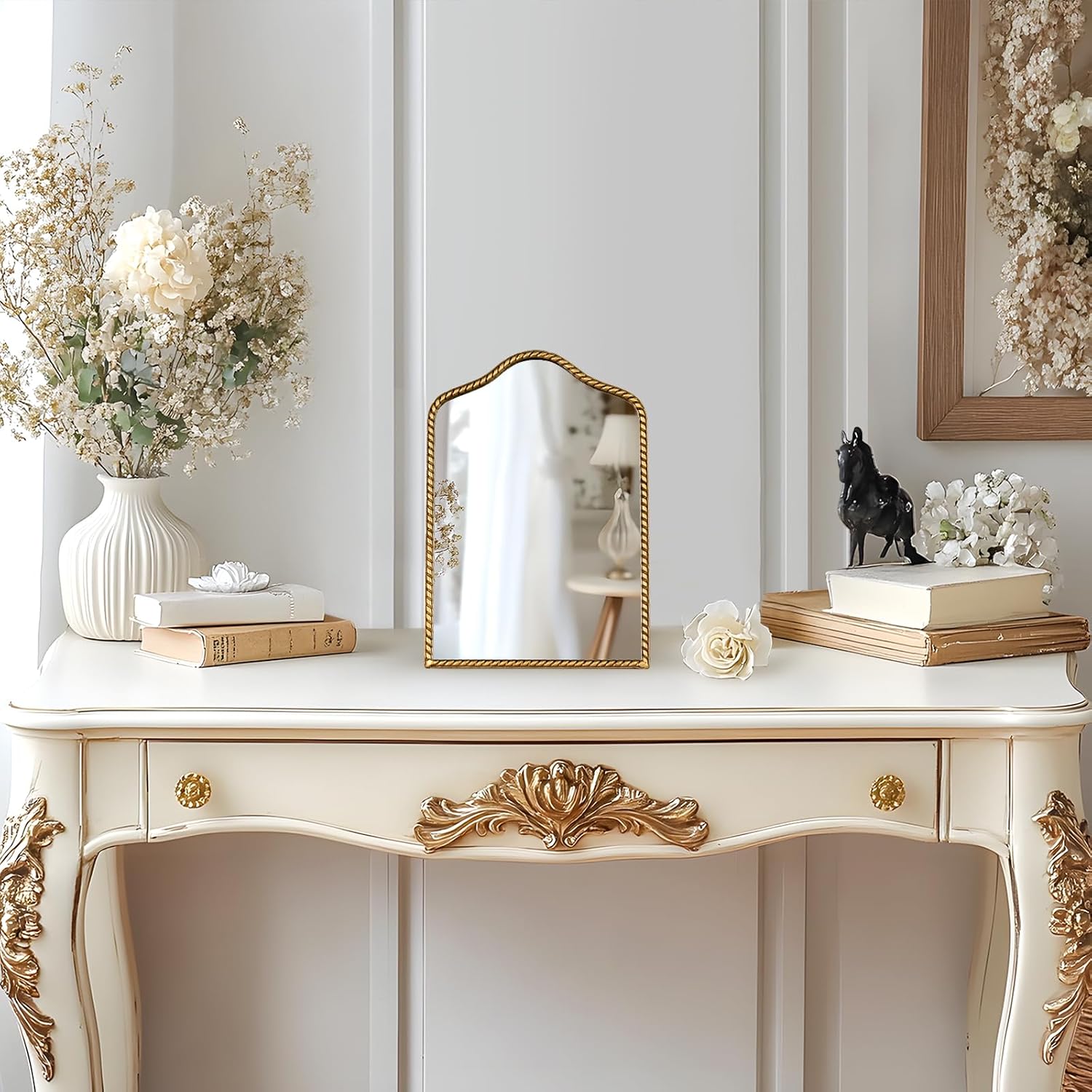 Vintage Desk Makeup Mirror, 11.9" L x 8" W Antique Gold Vanity Table Mirror, Metal Framed Scalloped Small Standing Mirrors with Beaded, 360 Adjustable Rotation for Tabletop, Bedroom