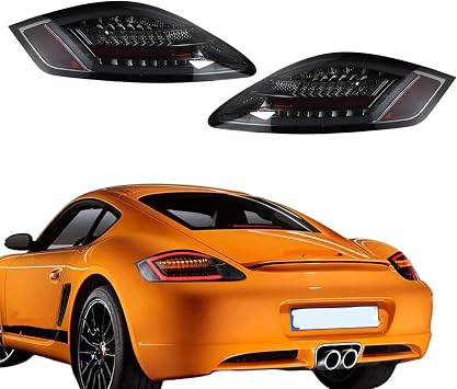 Pair of Smoke LED Tail Lights Compatible With Porsche Cayman 987 2004-2008, With Sequential Turn Signal Replacement Assembly1 PAIR Smoked black