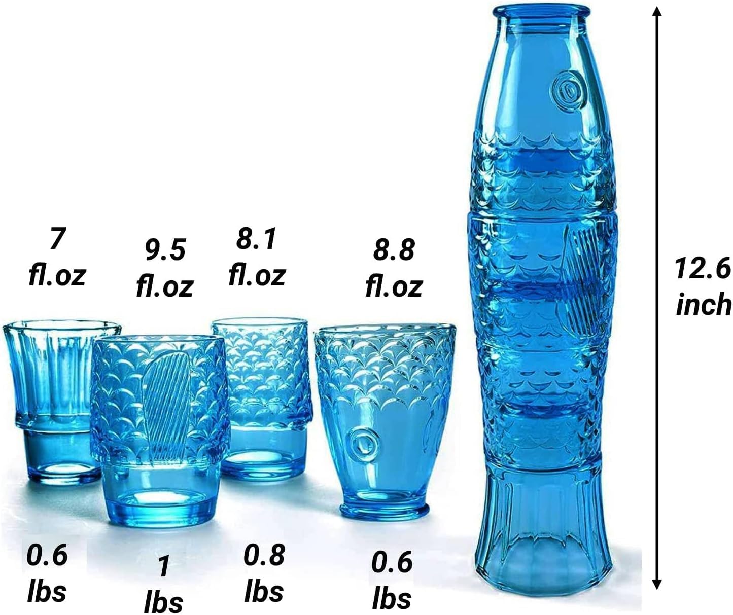 Fish Design Drinking Glasses, Stackable Drinking Glasses, Colored Beverage Glass, Stack Tumbler Glass, Nautical Glassware, Fish Shaped Glasses Drinking for Home Decor, Set Of 4, Blue