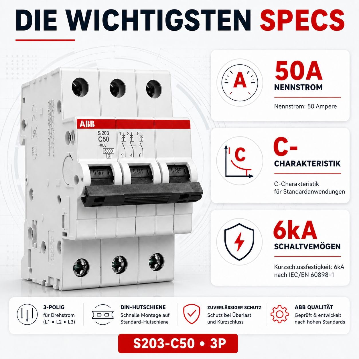 ABB S203-C50 Leitungsschutzschalter 3-polig C50A 6kA Sicherungsautomat Drehstrom LS-Schalter System pro M compact für Hutschiene nach DIN VDE IEC EN 60898-1 Art. 2CDS253001R0504