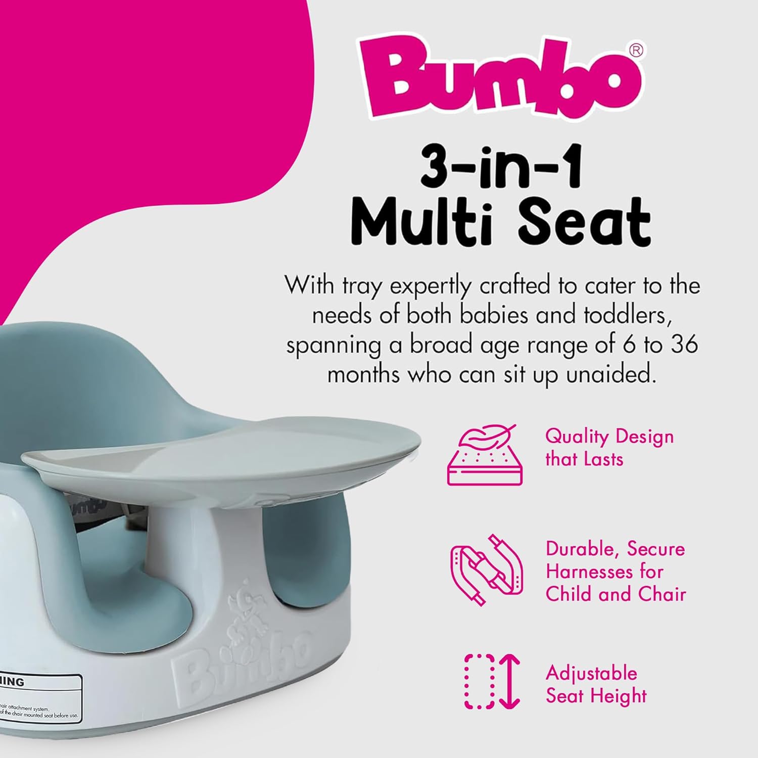 Bumbo 3-in-1 Multi-Seat for 6 to 36 Months, Travel Baby and Infant Feeding & Play Floor Seat, Portable Booster High Chair with Dining and Activity Tray, White/Desert Mirage