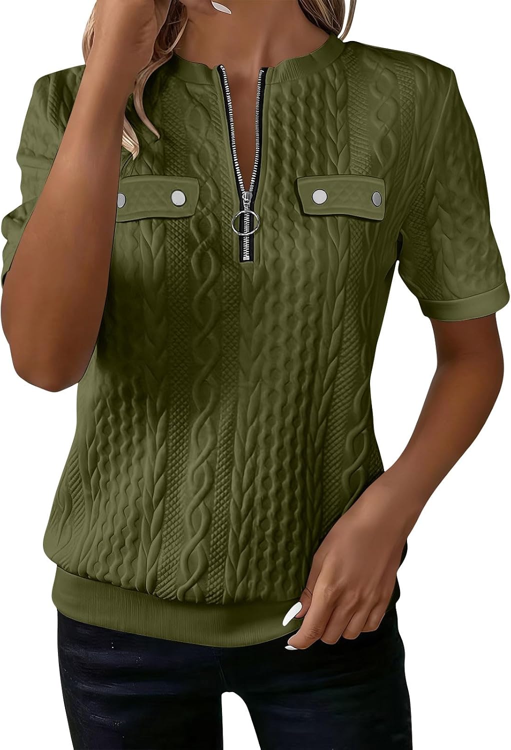 Half Zip Pullover Shirts for Women Textured Short Sleeve Summer Sweatshirt Casual Fall Fashion Tops Solid Clothes