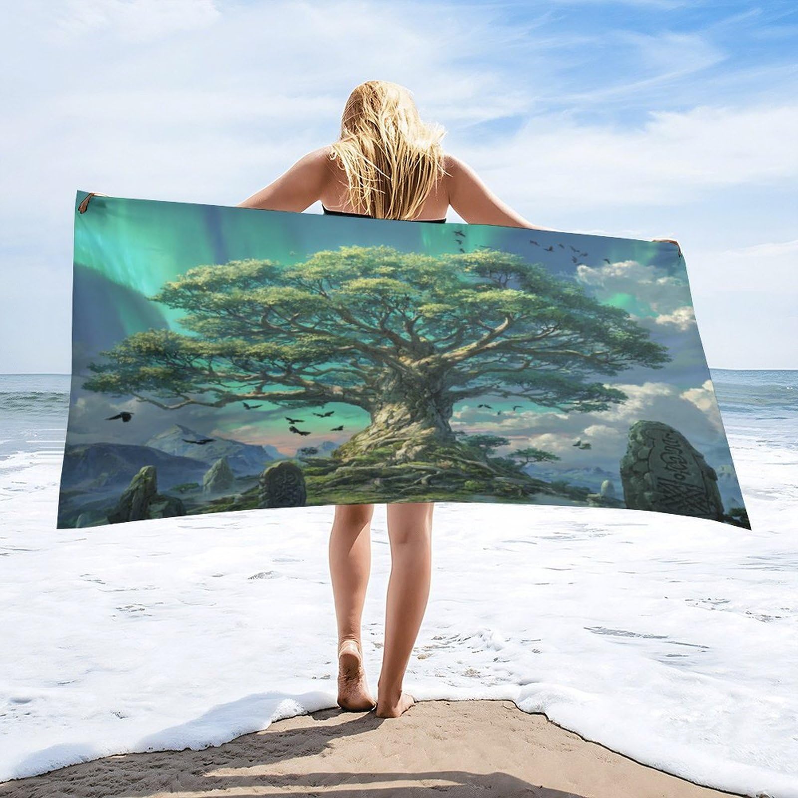 Luyysky Beautiful Realistic Tree Of Life Absorbent Beach Towel, Retro Abstract Northern Light Aurora Animal Bird Raven Outdoor Single-Sided Velvet Beach Towel-80 W Cm X 160" L Cm