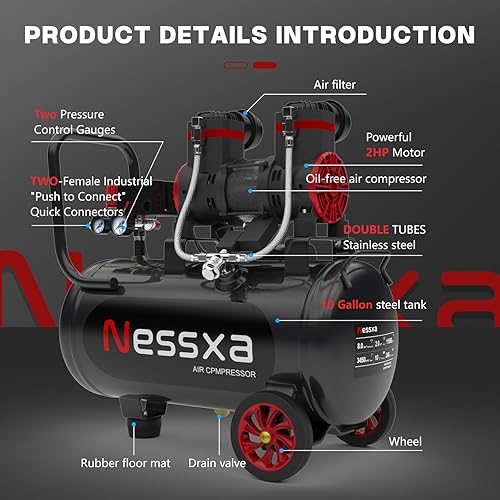 Miniatura 4 de Compresor de aire ultra silencioso de 10 galones, 2HP 3.45 CFM@115PSI tanque de compresor de aire sin aceite, 110V/60Hz, compresor de aire de 70dB