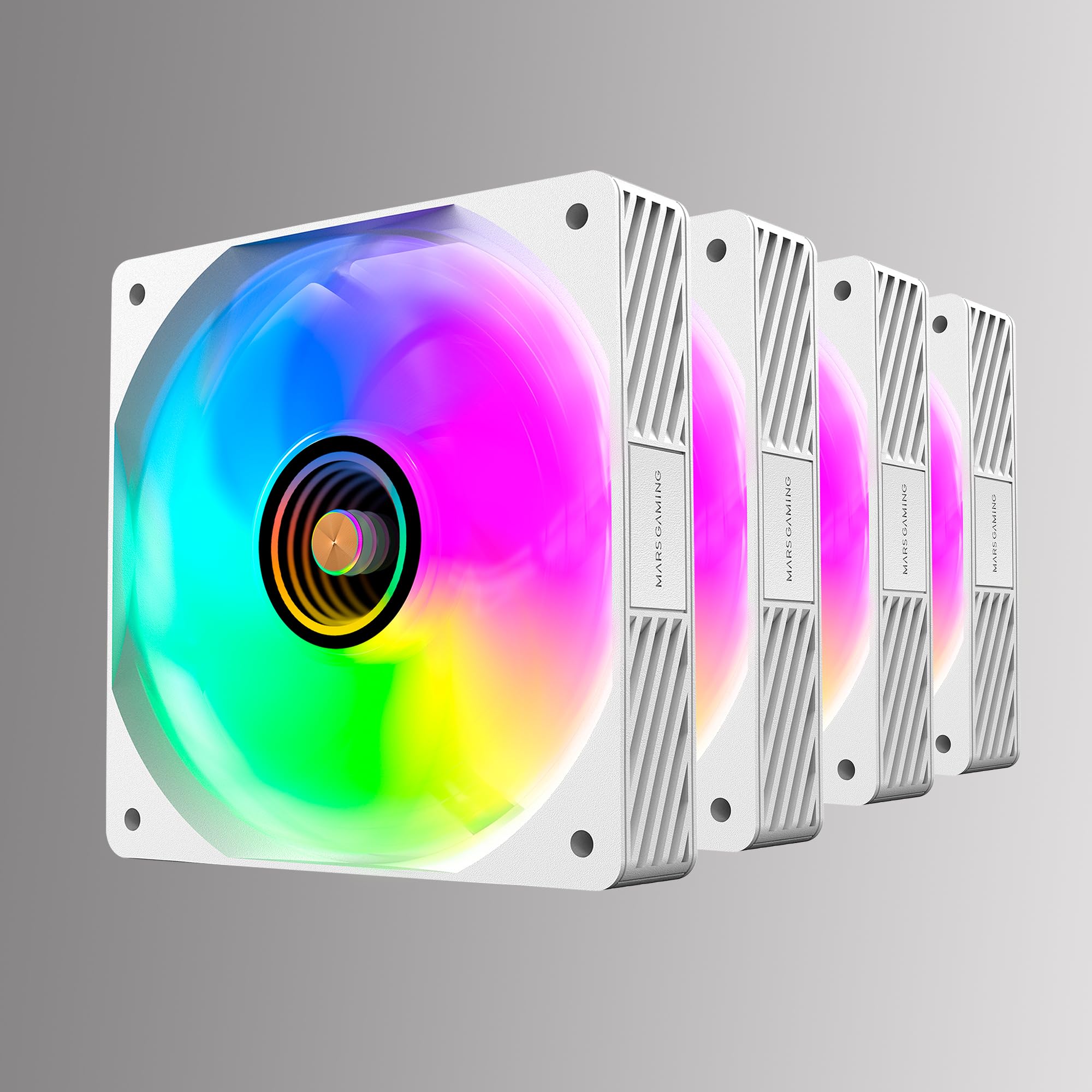 Mars Gaming MF-SI4KIT, Kit 4x Ventiladores Ultrasilenciosos 120mm, Iluminación ARGB Infinity Mirror, Rodamientos FDB y Núcleo de Cobre, Mando a Distancia y HUB, Compatibilidad Total ARGB, Blanco