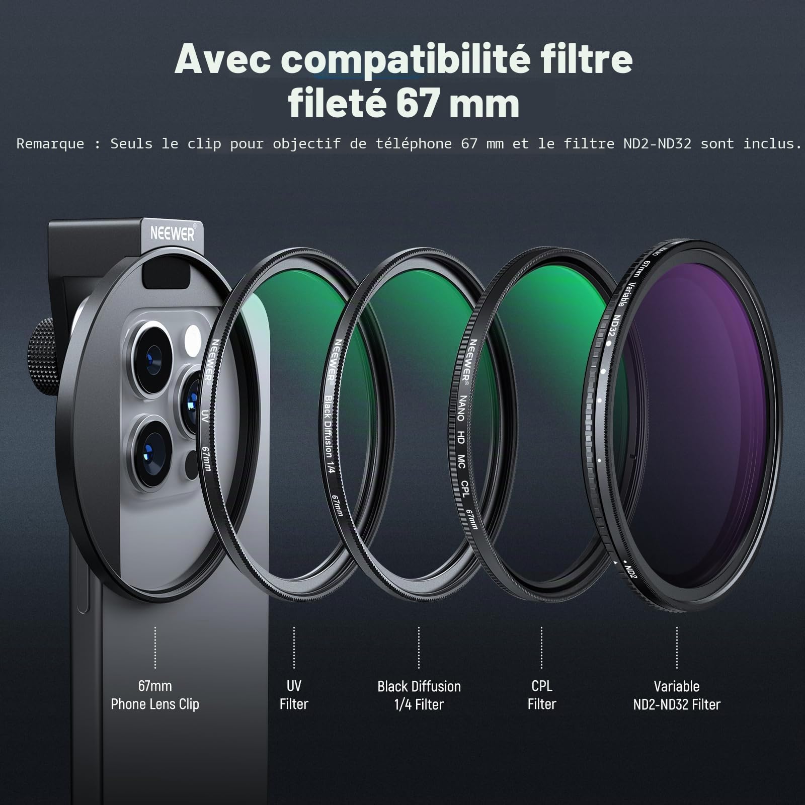 Neewer Kit de Filtre d'objectif de téléphone à Clipser Variable ND2-ND32 de 67 mm, Clip de téléphone avec Anneau Adaptateur fileté/Griffe/Bouton de Verrouillage, Filtre ND Variable HD pour iPhone 15