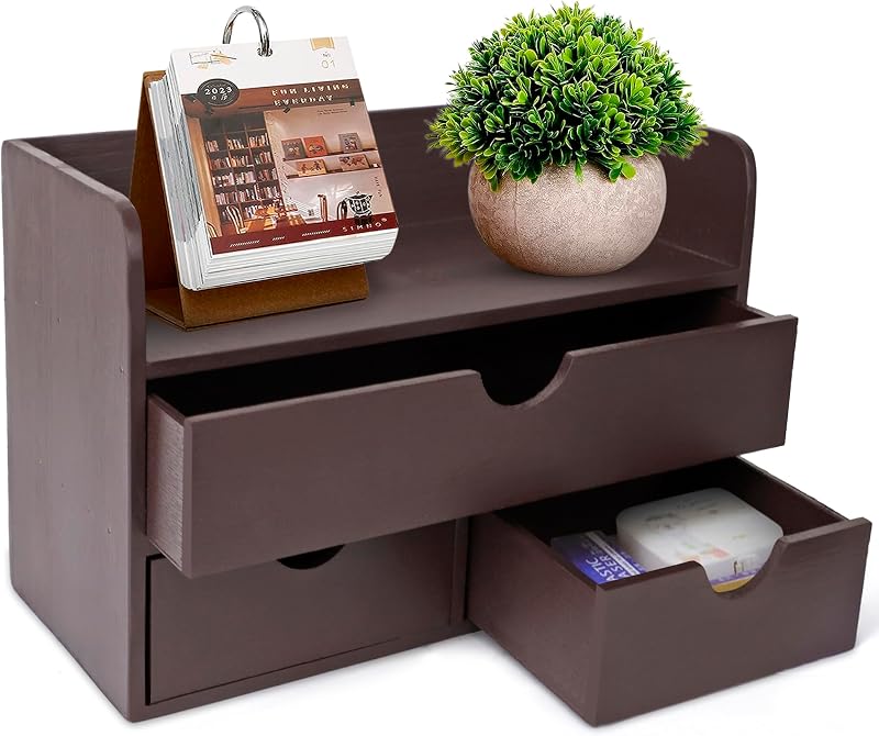 Wooden Office Desk Organizer - Organizing Tool for Desktop, Cubicle, Bedroom, Kitchen - Vintage Style Organization Caddy with Top Tray Shelf & 3 Drawers - 13.6x9x7 Inches (Dark Brown)