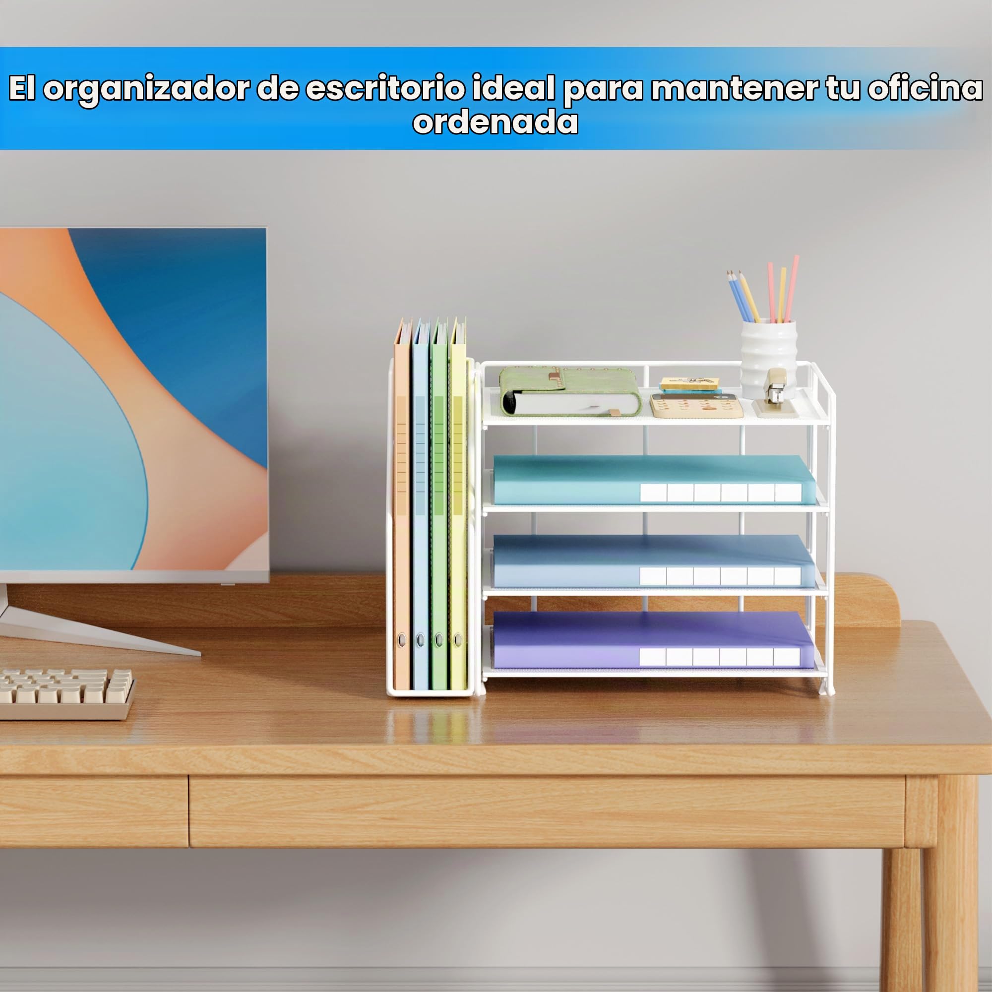 VITVITI Organizador de Escritorio, Bandeja para Cartas de 4 Niveles, Soporte para Archivos con Coleccionista de Pie, Organizador de Oficina para Archivador de Documentos A4, Revistero - Blanco