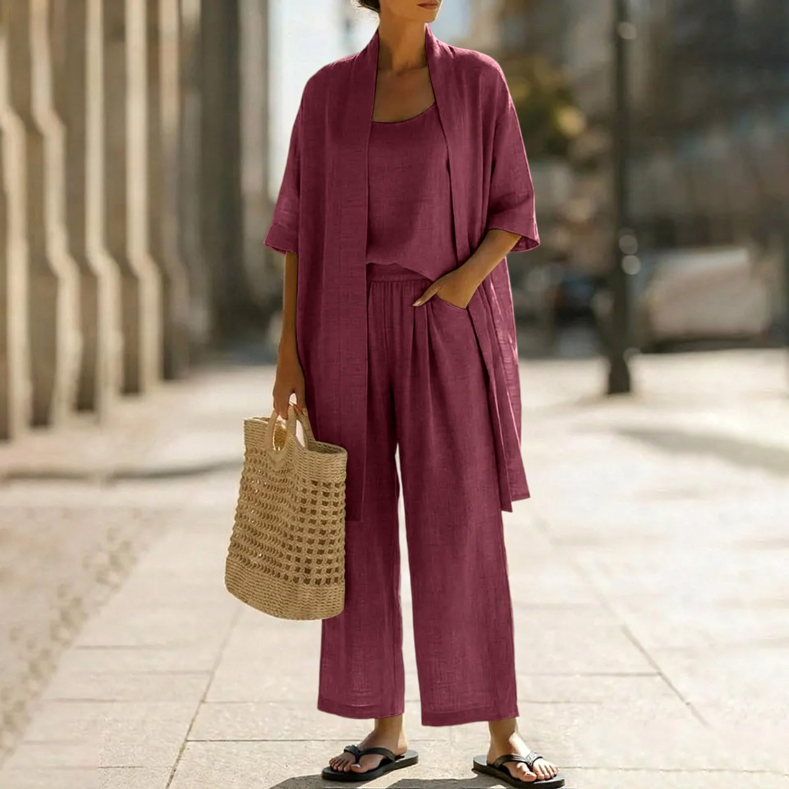Set da 3 pezzi per il tempo libero estivo in cotone e lino, a maniche corte, cardigan aperto sul davanti, top elastico in vita, pantaloni lunghi casual larghi comodi abiti da viaggio