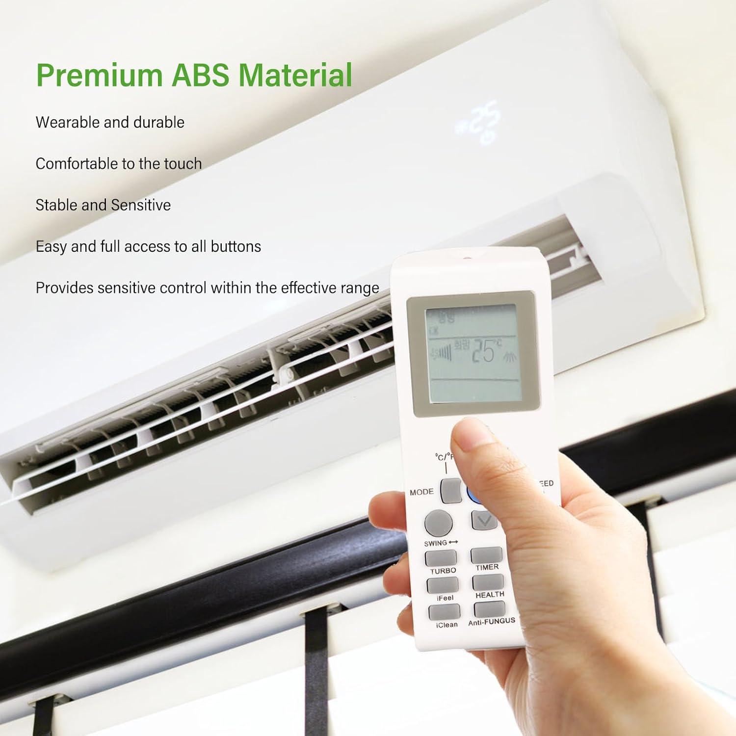 User holding remote towards wall AC