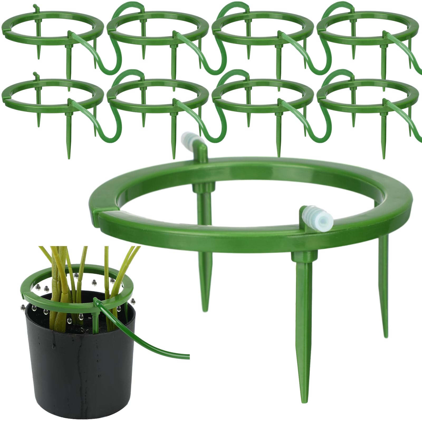 Tujoe 8 Set Hydro Halo Water Ring W 3 Leg Support Drip Emitter Drip Ring with Built in 1/8 in Barbed Inlet Fitting 3 Removable Stakes for Irrigation System Rain Watering Plants, Green (5 Inch)