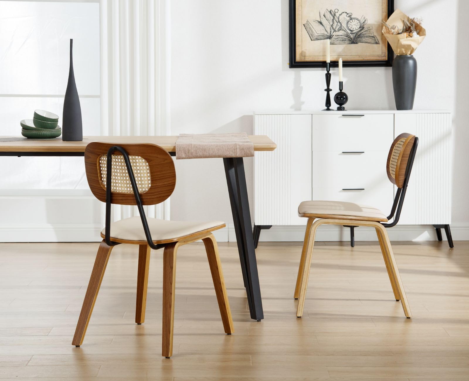 Set Di 2 Sedie Da Pranzo In Rattan E Pelle - Stile Mid-Century, Imbottite, Gambe In Metallo - 5