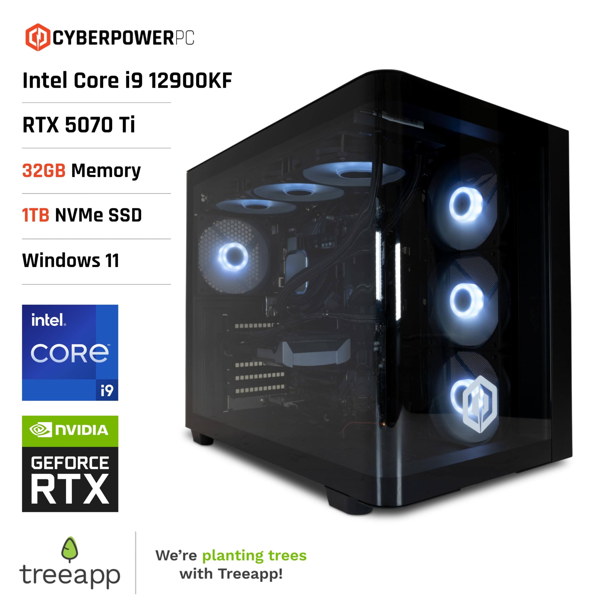 CyberpowerPC Luxe Gaming PC - Intel Core i9 12900KF, Nvidia RTX 5070 Ti, 32GB RAM, 1TB NVMe SSD, 750W PSU, Windows 11, Liquid Cooling, Ark Curve Black