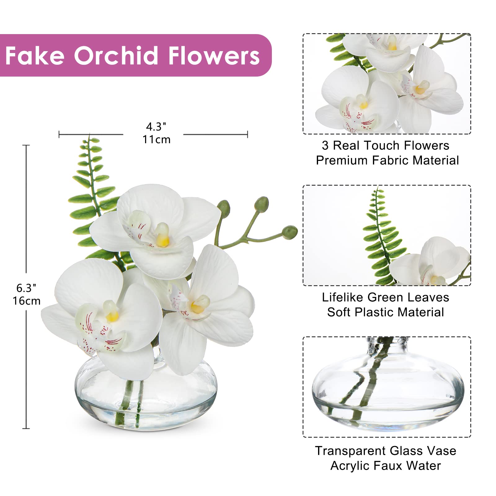 White Orchids - Juego de 3 flores artificiales de orquídeas artificiales en jarrones de vidrio transparente, juego de 3 flores de orquídea Phalaenopsis de tacto real, centro de mesa pequeño de 3