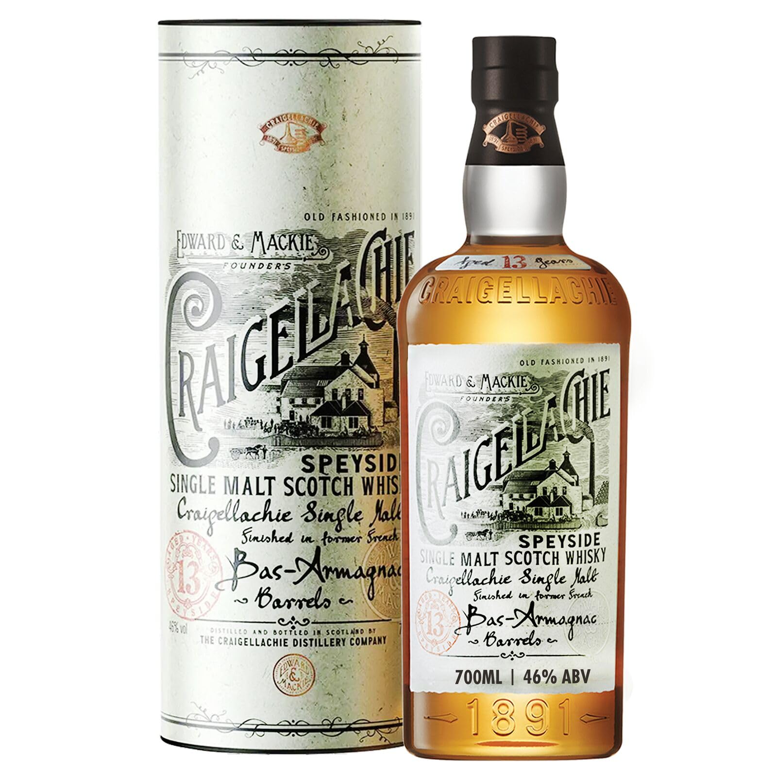 CRAIGELLACHIE 13 Year Old Speyside Single Malt Scotch Whisky, 46% vol, 700 ml, in Geschenkverpackung, Armagnac Cask Finish, gereift in Bas-Armagnac-Fässern, 70 cl