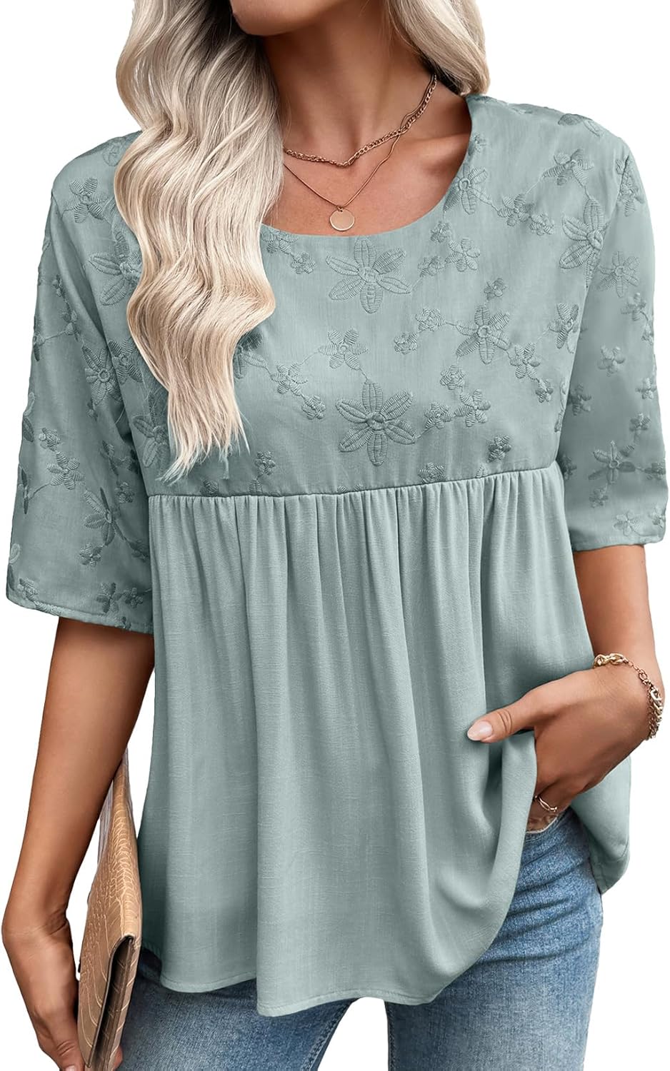 EVALESS Womens Spring Summer Tops Casual Crewneck Half Sleeve Shirts Blouses Cute Floral Embroidered Boho Babydoll Tops