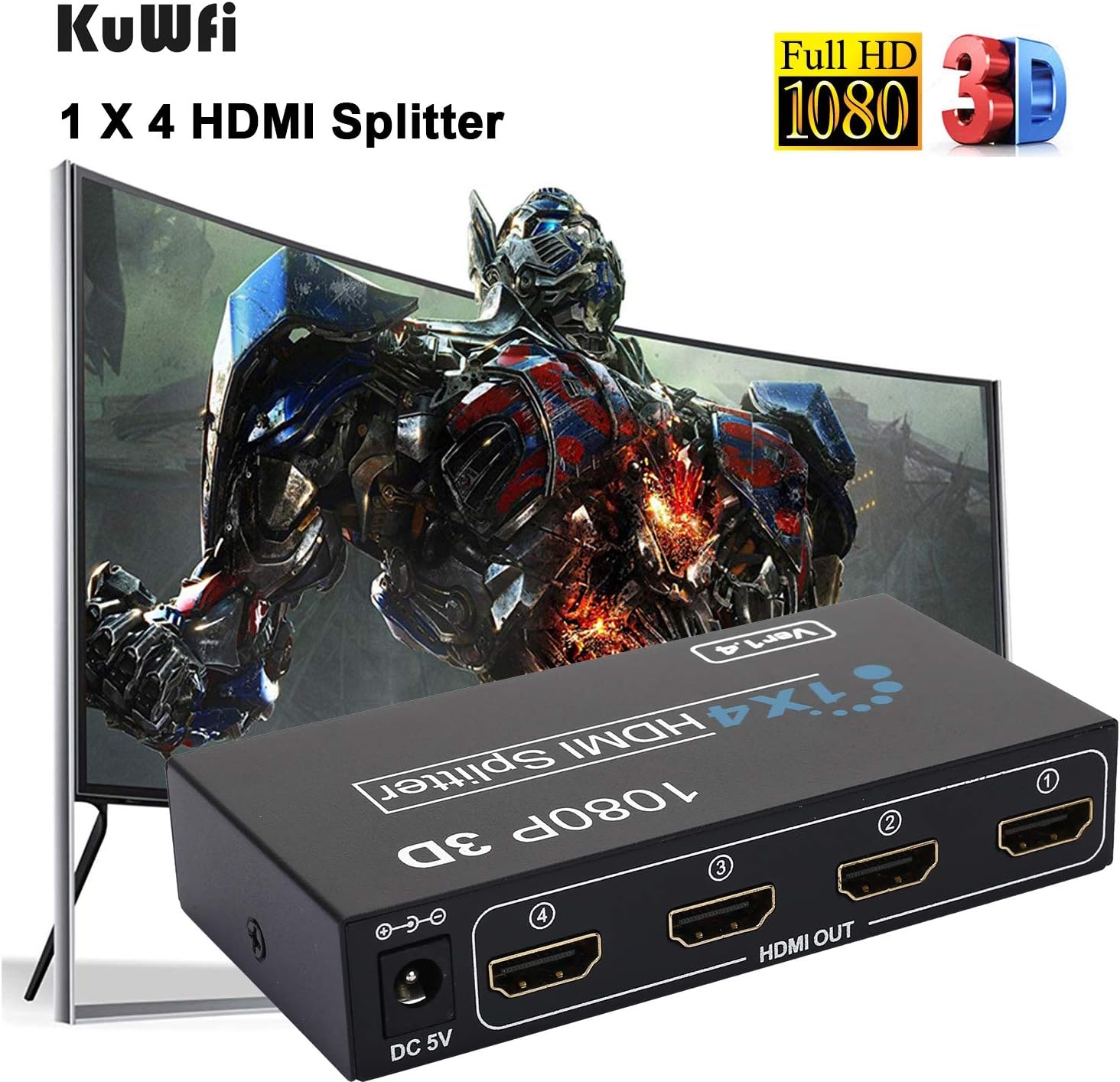 1x4 HDMI Splitter, VSVABEFV HDMI Splitter 1 in 4 Out Audio Video Distributor Box Support 3D & 4K, Compatible with PC, PS3 games, Blu-ray DVD, tablet, projector Etc: Electronics