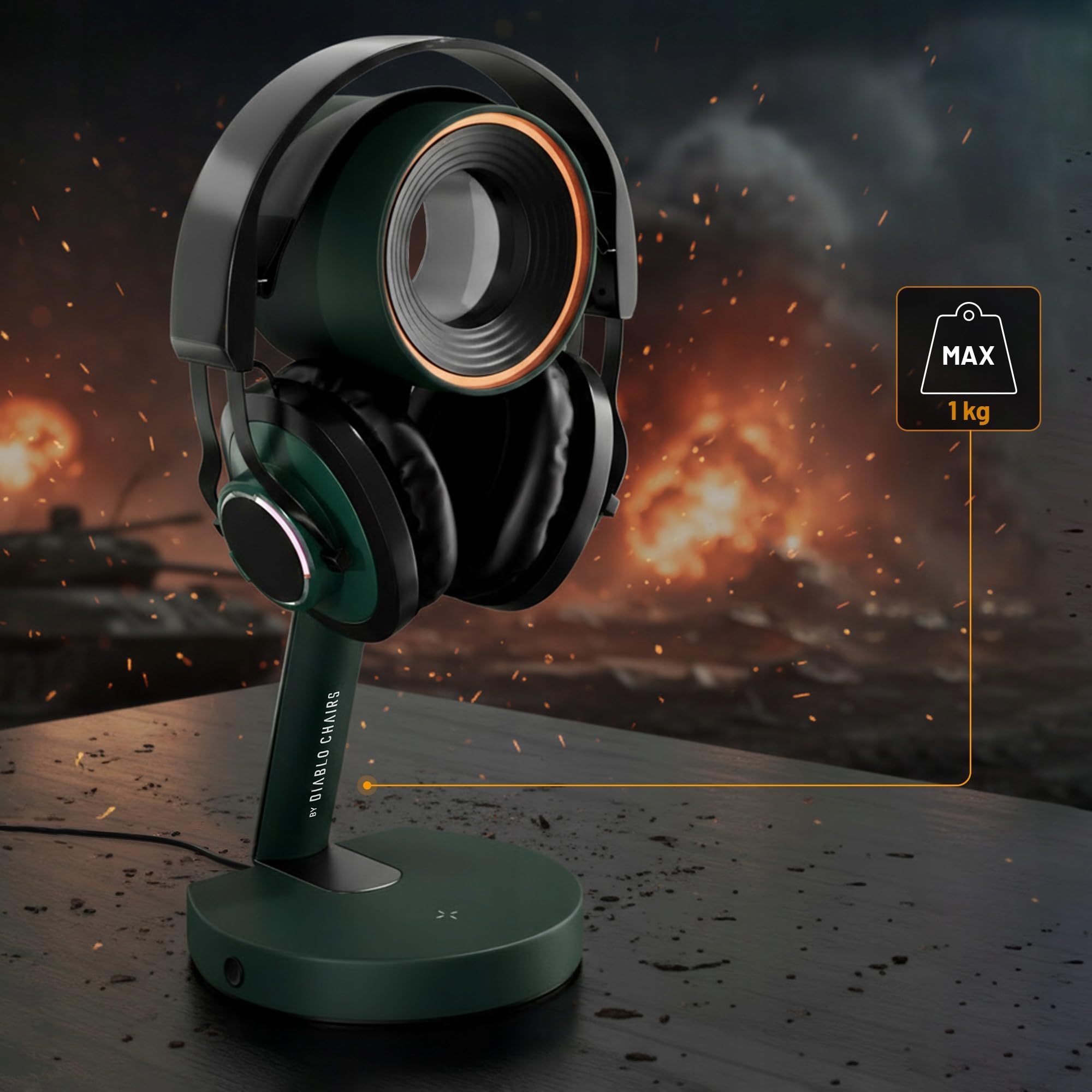 Diablo Chairs Soporte para Auriculares RGB World of Tanks De Acero con Cargador Inalámbrico 15 W Iluminación LED Hub USB Y Audio Base Antideslizante Estilo Gaming WOT