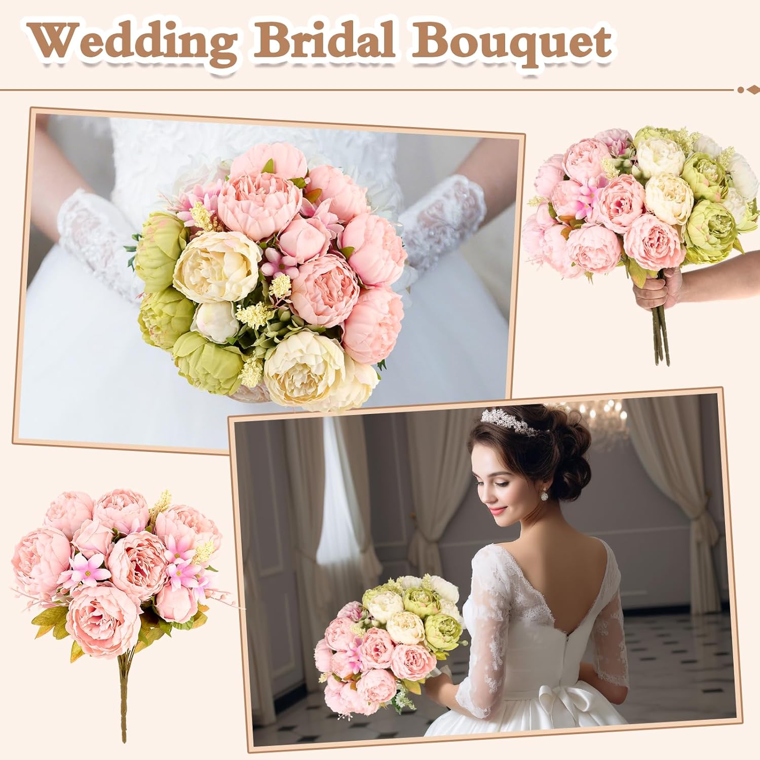 Olgaa 4 Bunches Peonies Artificial Flowers Faux Flowers Bouquet Silk Peony Hydrangea for Vase Wedding Centerpiece Bridal Shower Garden Party Home Decor (White Green Pink)