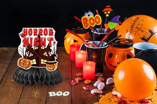 Miniatura 7 de 9 centros de mesa de Halloween para mesas, centros de mesa de panal de abeja de noche de terror rojo y negro, decoración de fiesta de cumpleaños de