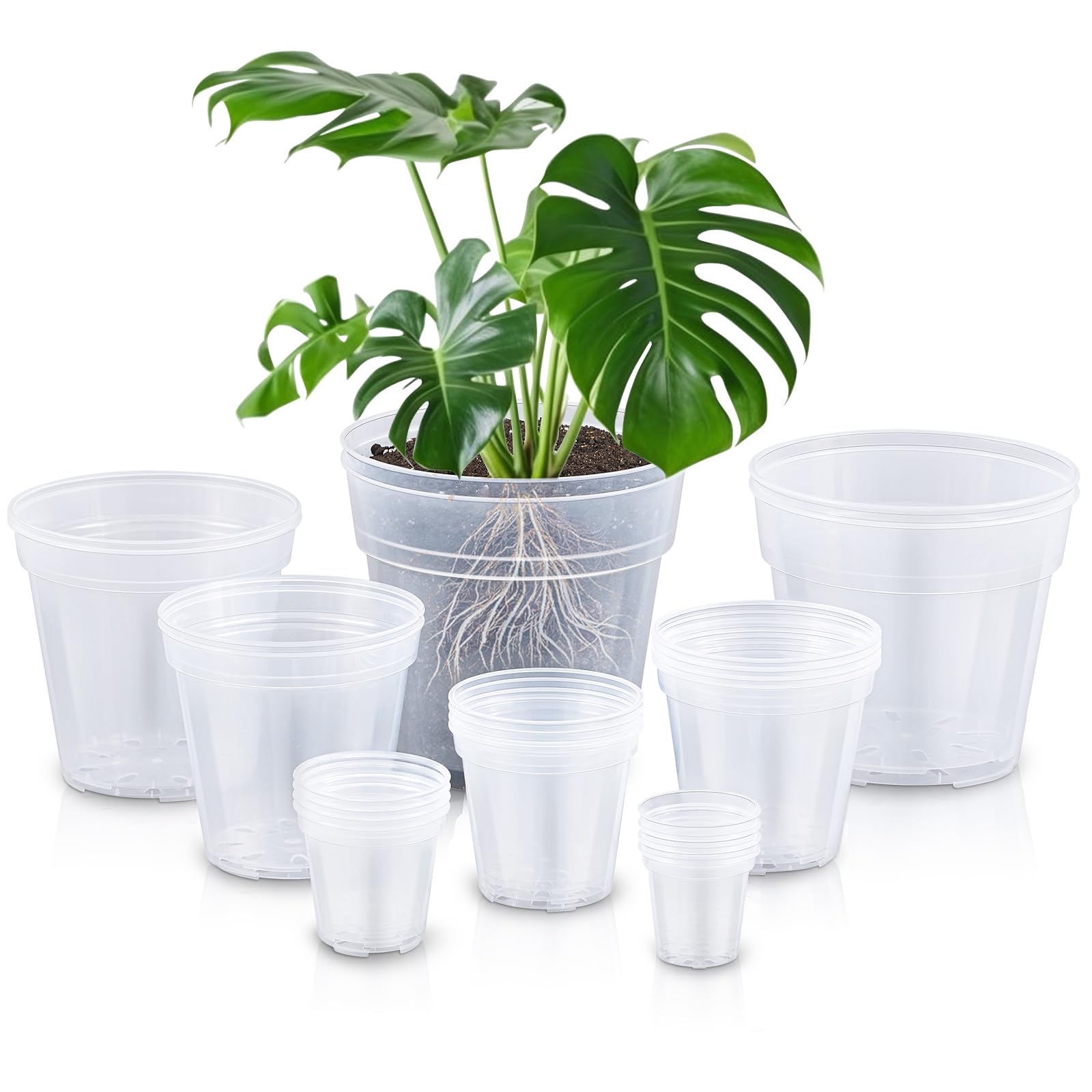 Vesici 24 Pcs 3/4/5/6/7/8/9/10 Inch Large Thickened Clear Nursery Pots Variety Pack Plant Pots with Drainage Holes Planters for Indoor Plants Flexible