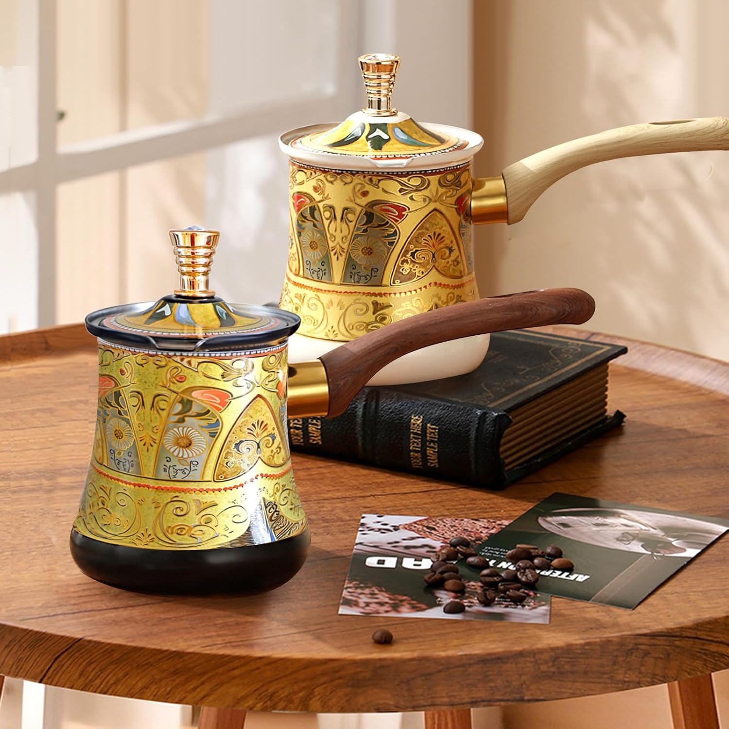 Turkish Arabic Coffee Pot with Wooden Handle,Stove Top Water Boiler, Coffee Maker, Butter, Chocolate & Milk Warmer,Even and Quick Heat with Handcrafted Metal Material (White and Gold) - Image 6