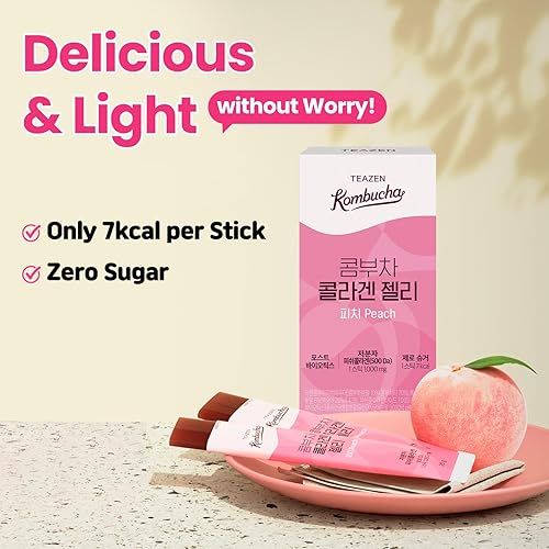 Miniatura 4 de TEAZEN Kombucha Stick Jalea, gomitas de péptidos de colágeno, postbióticos, cero azúcar, baja en calorías, sabor a melocotón, 14 barras, 9.87 onzas