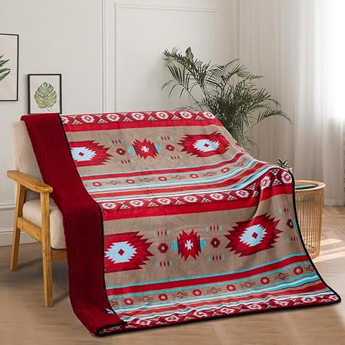 Manta de forro polar Sherpa para sofá, súper mullida, suave y acogedora manta de felpa de doble cara, 50 x 60 pulgadas (estampado navajo del