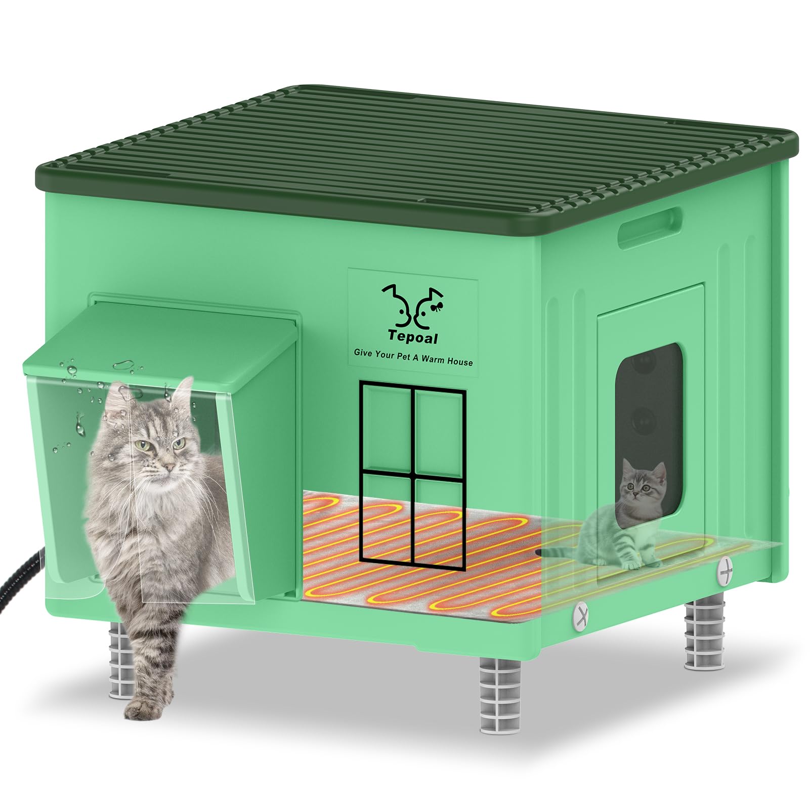 Indestructible Heated Cat House for Outdoor Cats in Winter, 100% Waterproof & Weatherproof Heated Cat House for Outside, Fully Insulated Feral Cat Shelter for Outdoor Barn Strays, 17.7 x 15 x 17.5 in