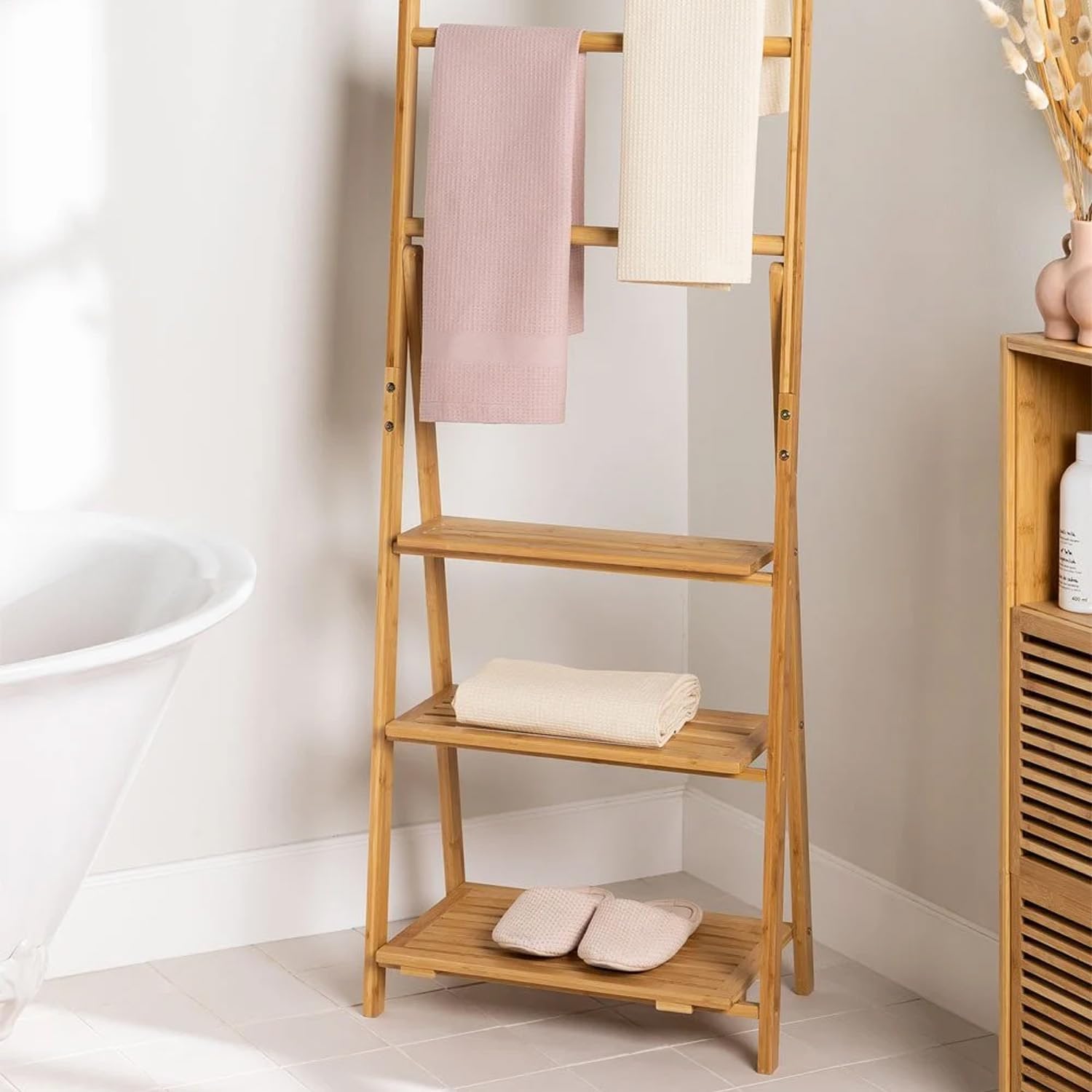 Avilia Towel Rack for Bathroom with 3 Shelves – Towel Rack with 3 Shelves for Storage in Bamboo, 53 x 30 x 153 cm image 2