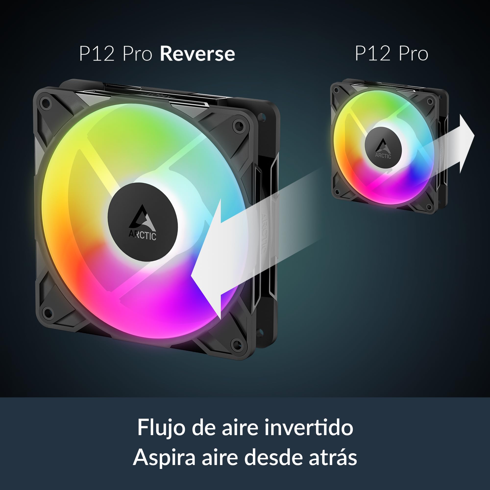 ARCTIC P12 Pro Reverse A-RGB (3 Pack) - 120 mm Ventilador Prémium con flujo de aire inverso, Ventilador PWM con divisor de cable en Y, 500-3000 rpm, 0 rpm <5% PWM, 5V Digital RGB, FDB, 4-Pin - Negro