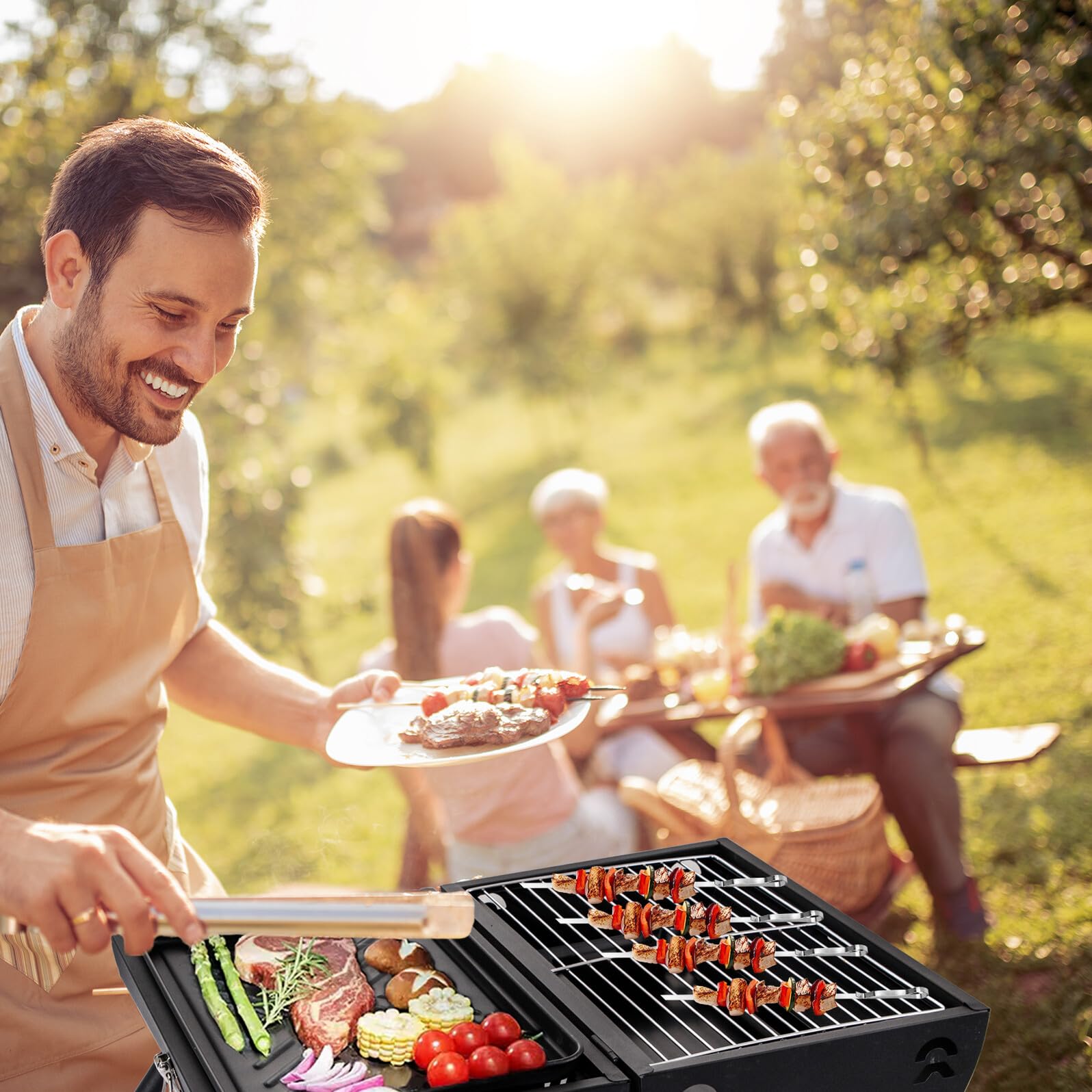 Spiedini per Barbecue in Acciaio Inox Ondulati, Argento | Base e Borsa Incluse, per Party All’aperto e Picnic, Impugnatura Antiscivolo e Trasporto Facile