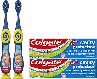 Colgate Dinosaur Toothbrush for Children with Suction Cup, Kids 2-5 Years Old, Extra Soft - 2 Coun & Kids Cavity Protection Fluoride Toothpaste, Bubble Fruit Flavor, 0.85oz - Pack 2
