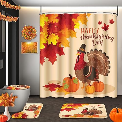 Juego de baño para el día de Acción de Gracias con cortina de ducha y alfombras y accesorios, juego de 4 cortinas de ducha con hojas de arce otoñal,