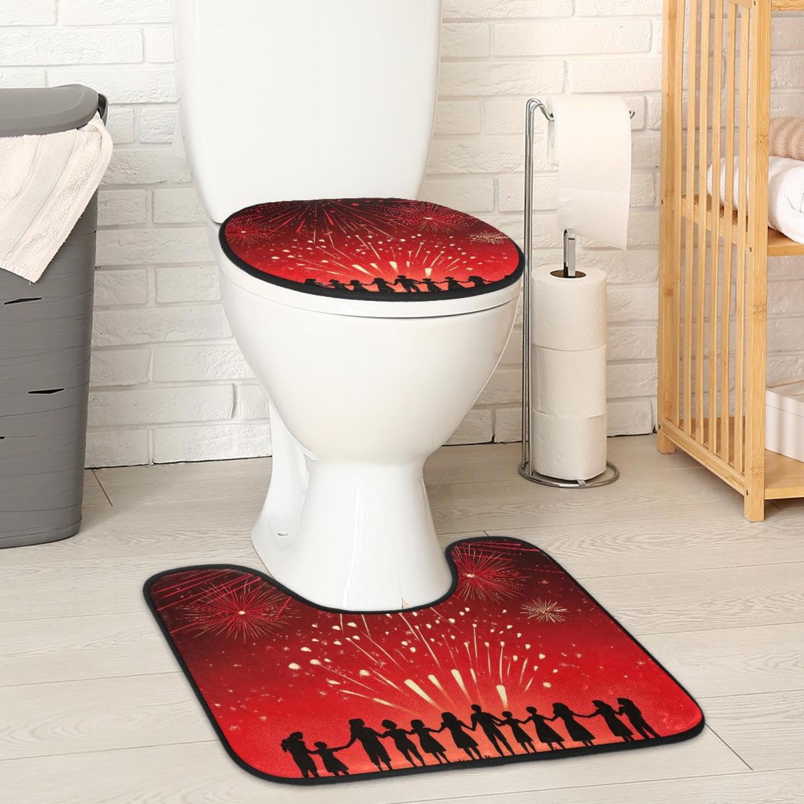 2 Pieces Flannel Toilet Contour Mat and Toilet Lid Cover, Soft Toilet Lid Cover Set Machine Washable Non Slip Contour Mat for Bathroom Decor Accessories