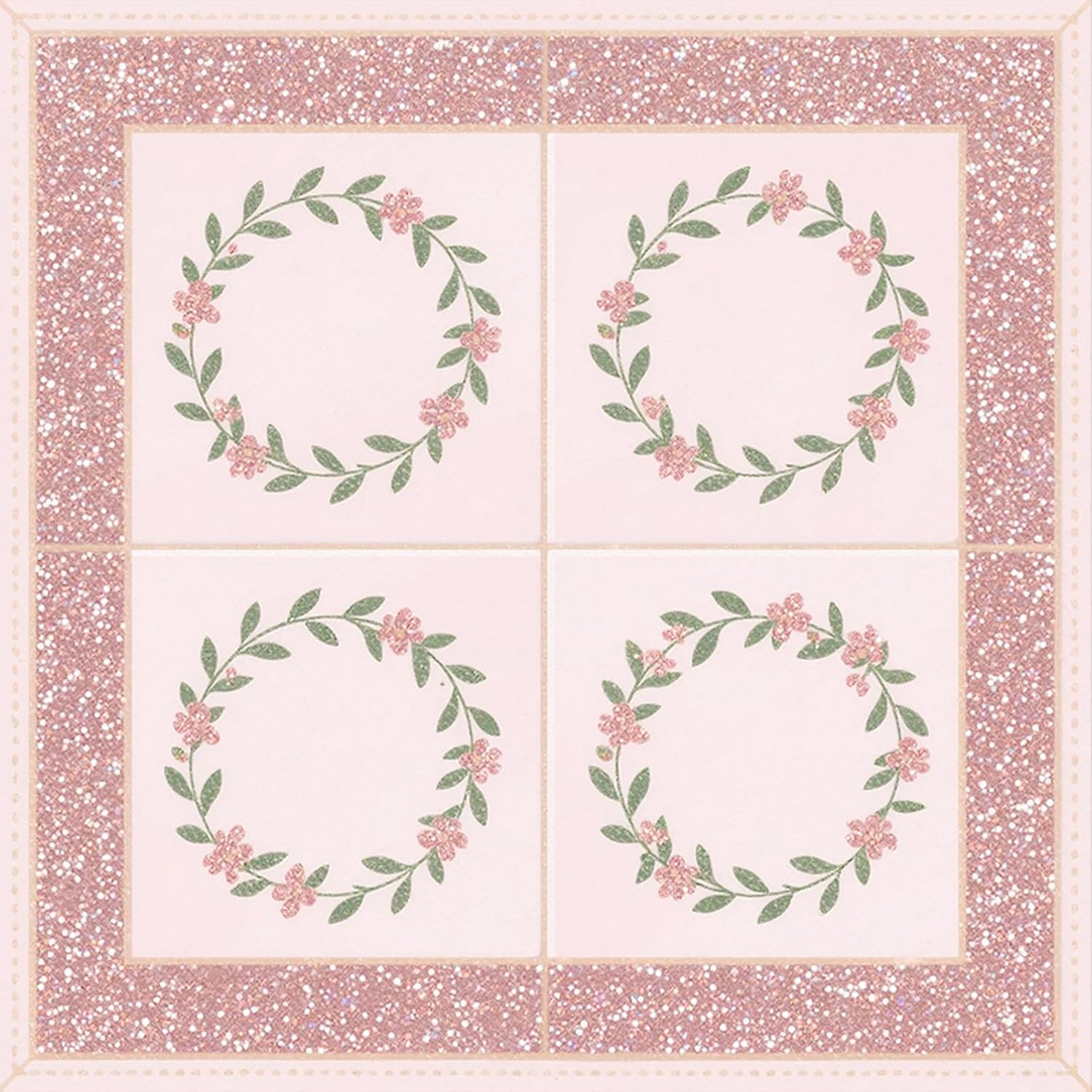 HOMETITUTE 10PCS 12x12 Inch Pink Floral Green Leaves Decorative Floor Tiles Peel and Stick Removable Self Adhesive DIY Vinyl Flooring Stickers for Kitchen Bathroom Living Room Entryway Home Decor