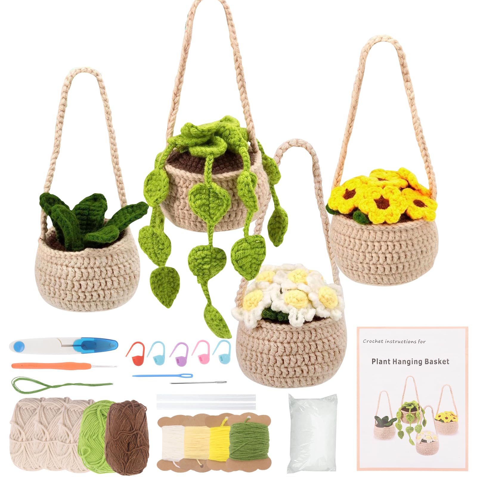 Bemodst Crochet Kits for Beginners Adults, 4 PCS Hanging Potted Plant Yarn Set, Crochet Potted Plant DIY Crochet Kits, Crochet Set Craft Art Gift, Complete Crochet Kits for Starters Adults
